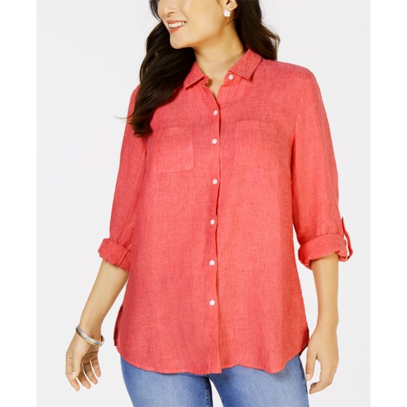 Charter Club Tops - 1X 3X Charter Club Coral Linen Button Top Plus Sz